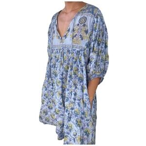 THE FOX AND THE MERMAID Blue Floral Mini Dress Size S Oversized Boho Peasant